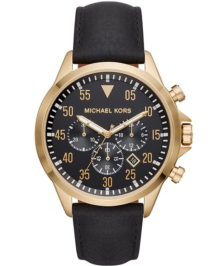 Michael Kors Men's Chronograph Gage Black Leather Strap Watch 45mm - Macy's