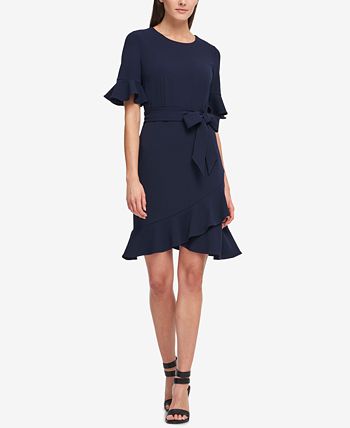 DKNY Belted Ruffle-Hem Scuba Crepe Dress, Created for Macy's - Macy's