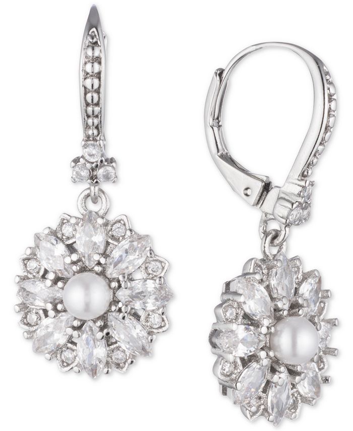 Marchesa Silver-Tone Crystal & Imitation Pearl Cluster Drop Earrings ...