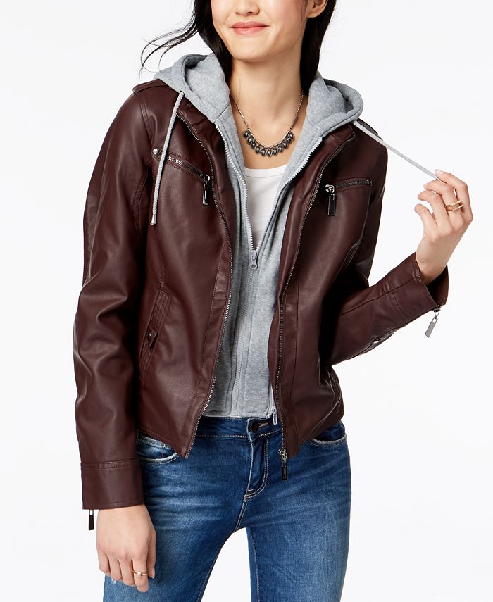 Jou Jou - Juniors' Hooded Faux-Leather Moto Jacket
