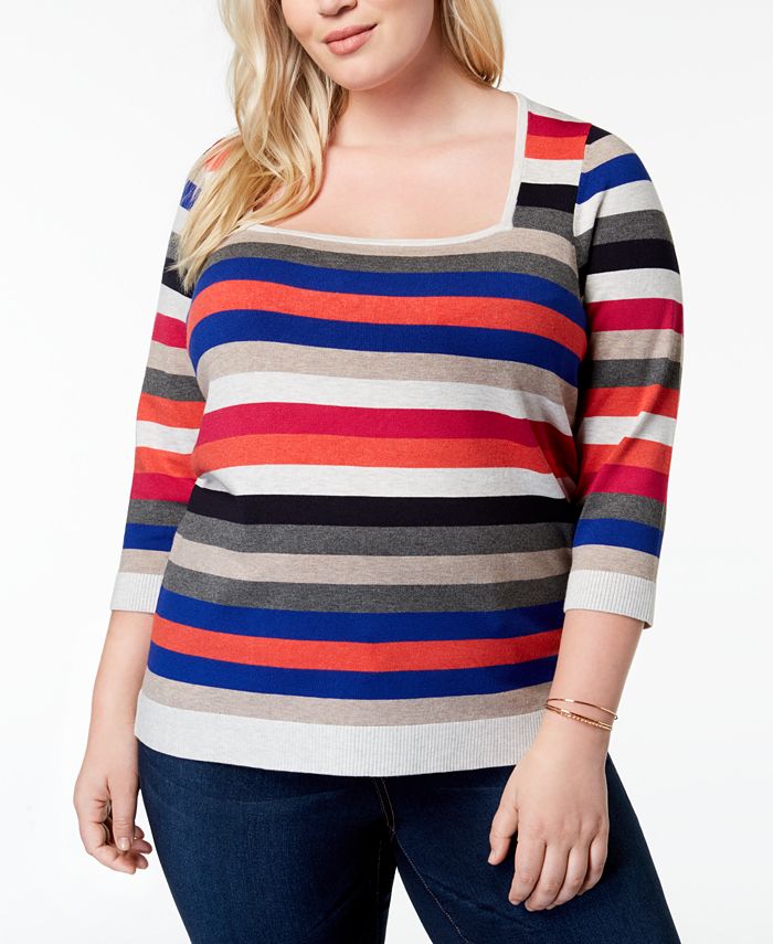 525 America Plus Size Striped Square-Neck Sweater, Created for Macy's ...