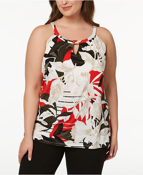 Calvin Klein Plus Size Printed Keyhole Buckle Top Reviews Tops
