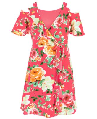 Monteau - Big Girls Tropical-Print Faux-Wrap Dress