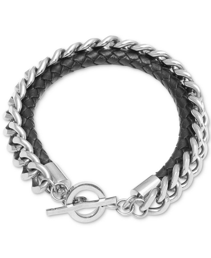 Macy's - Men's Braided Leather Layered Link Bracelet in Stainless Steel