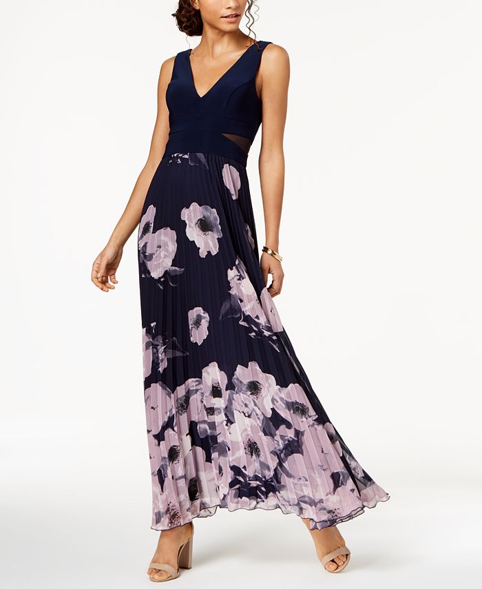XSCAPE Pleated Floral-Print Gown - Macy's