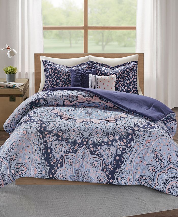 All Season Bedding Set Intelligent Design Complete Bed in A Bag Casual Boho Comforter with Sheet Set Decorative Pillow Loretta Navy 7 Piece Twin XL ID10-1375