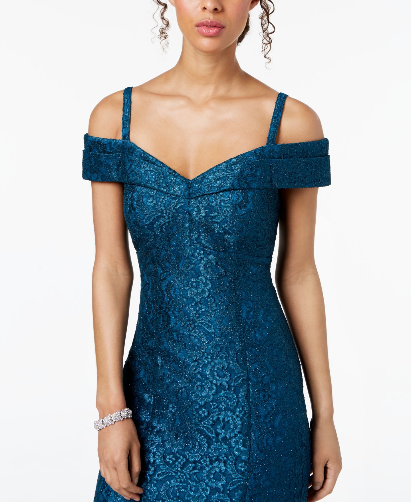 Женские платья R & M Richards Off-The-Shoulder Lace Gown, цвет: Синий — фото 3