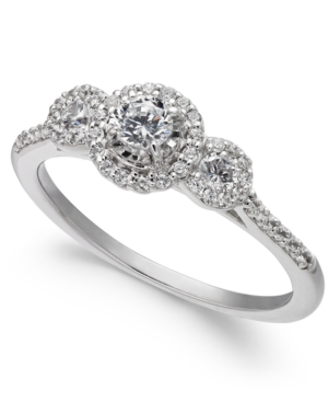 image of Diamond Three-Stone Halo Engagement Ring (1/2 ct. t.w.) in 14k White Gold