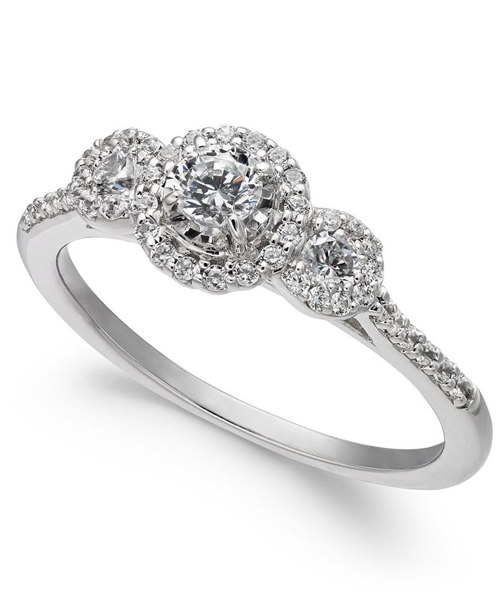 Macy's - Diamond Three-Stone Halo Engagement Ring (1/2 ct. t.w.) in 14k White Gold