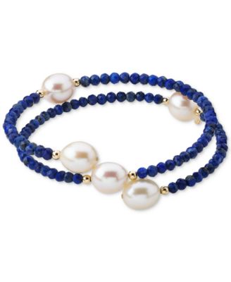 Macy's - Cultured Freshwater Pearl (10mm) & Lapis Lazuli (3mm) Wrap Bracelet in 14k Gold (Also Black Spinel)