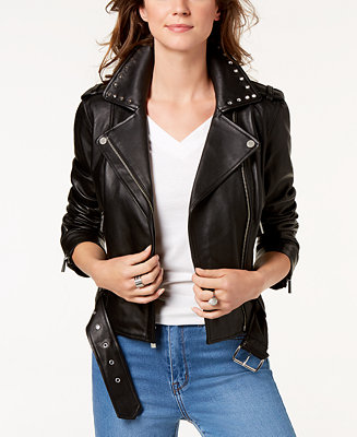 Michael Kors Studded-Collar Leather Moto Jacket & Reviews - Coats ...