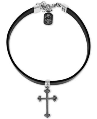 King Baby - Cross Leather Choker Necklace in Sterling Silver, 12+ 2" extender