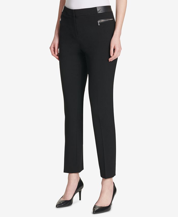 Calvin Klein Faux-Leather-Trim Ponté-Knit Pants - Macy's