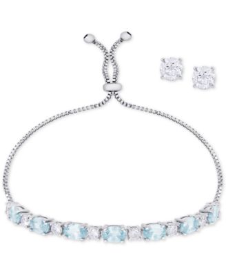 Simulated Blue Topaz Slider Bracelet & Cubic Zirconia Stud Earrings Set In Silver-Plate, December Birthstone