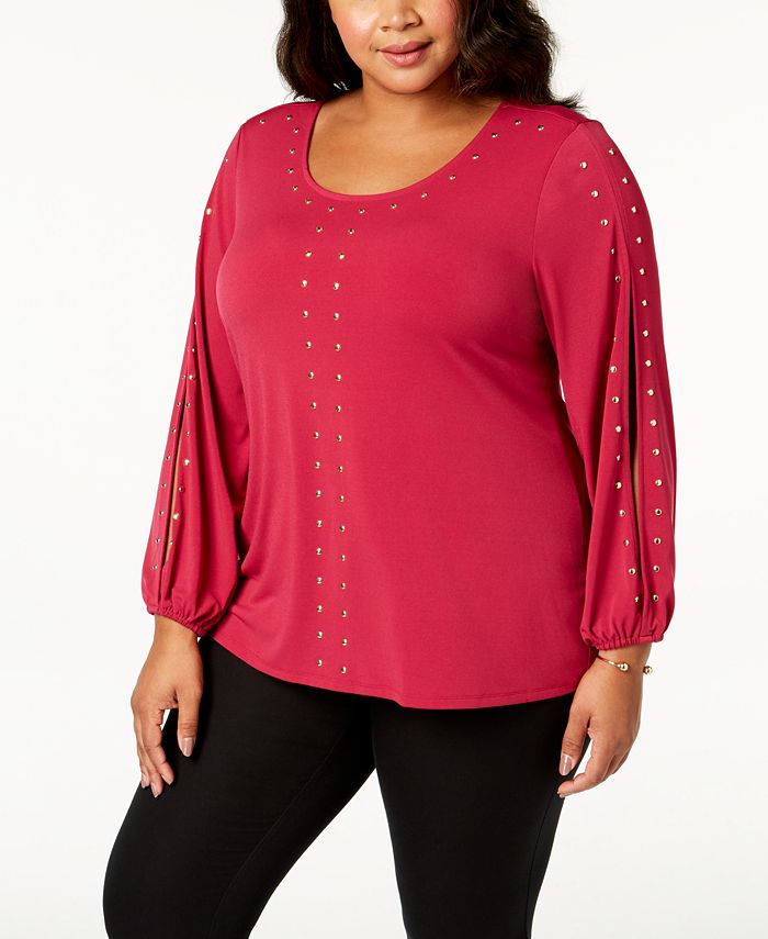 JM Collection Plus Size Studded Split-Sleeve Top, Created for Macy's ...