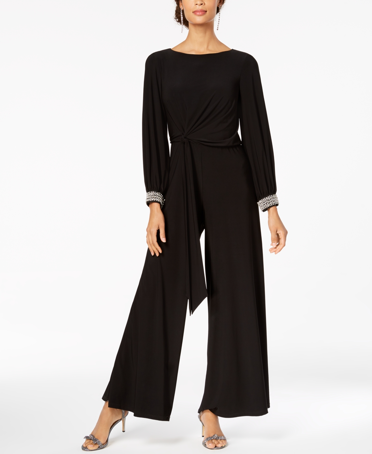 Rhinestone-Embellished Wide-Leg Jumpsuit - Black