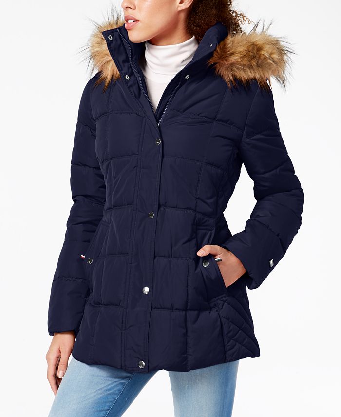 Tommy Hilfiger Hooded Puffer Coat with Faux Fur Trim - Macy's