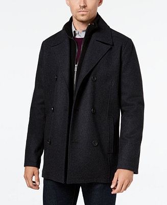 Kenneth Cole Men's Double Breasted Wool Blend Peacoat with Bib ...
