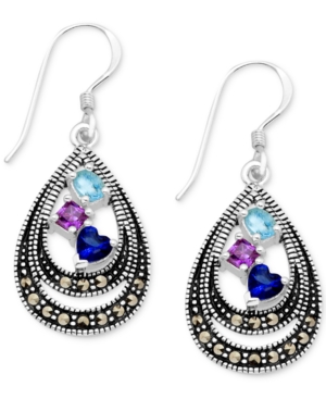 image of Cubic Zirconia & Marcasite Double Teardrop Drop Earrings in Fine Silver-Plate