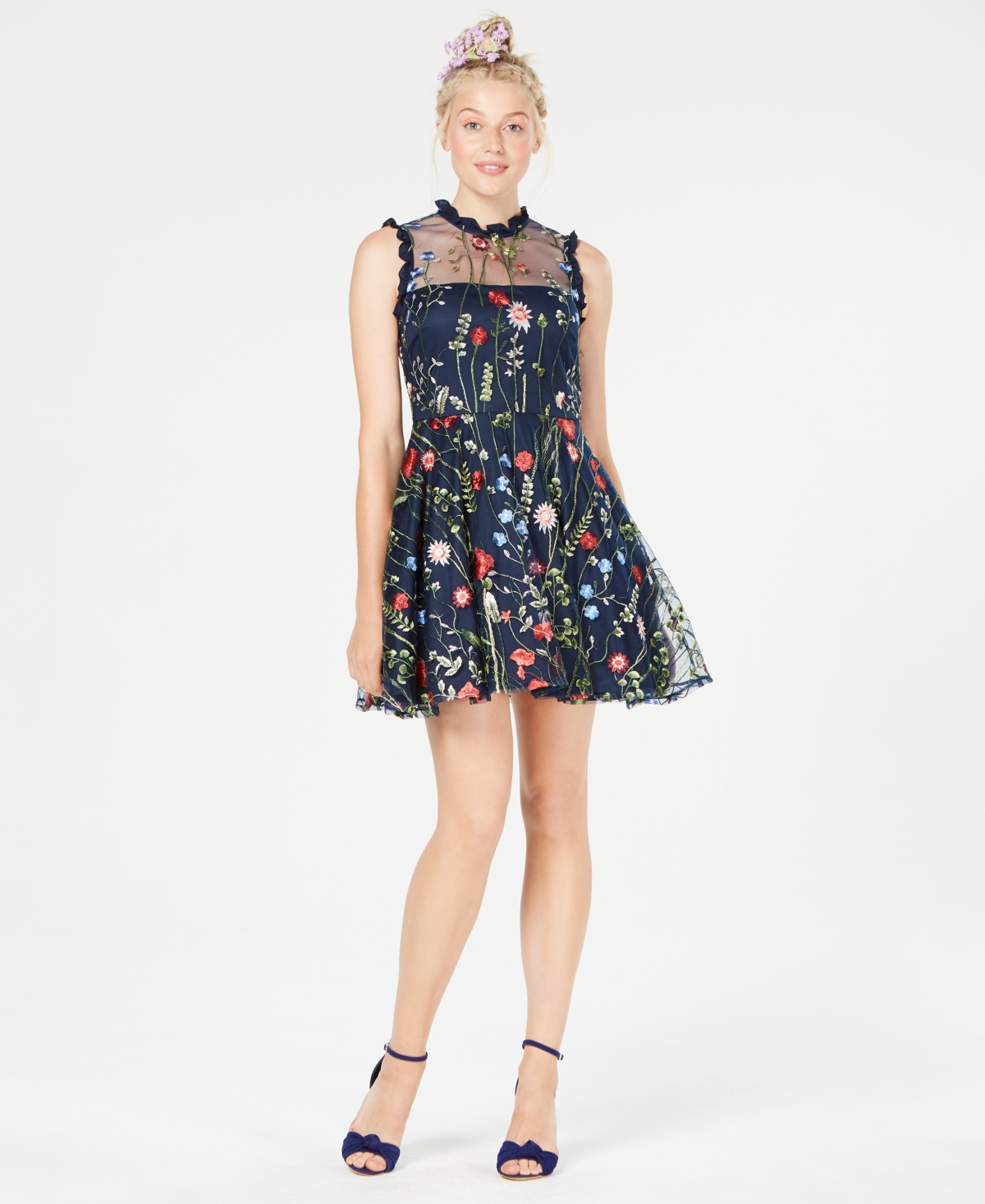 City Studios Juniors Floral embroidered Fit Flare Dress Created For Macy s In Navy red ModeSens