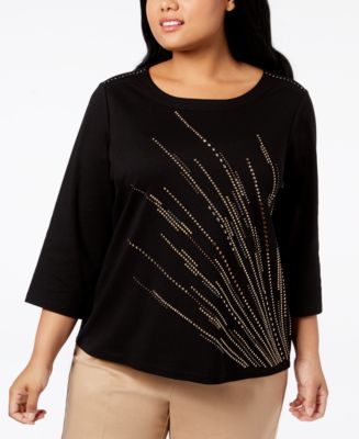 Alfred Dunner Plus Size Empire State Crew Neck 3/4 Sleeve Knit Top With Detachable Necklace