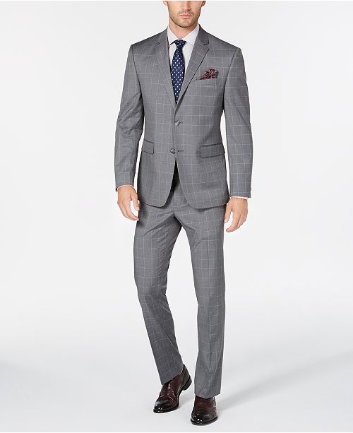 Perry Ellis Men's Portfolio Slim-Fit Stretch Light Gray Windowpane Suit ...