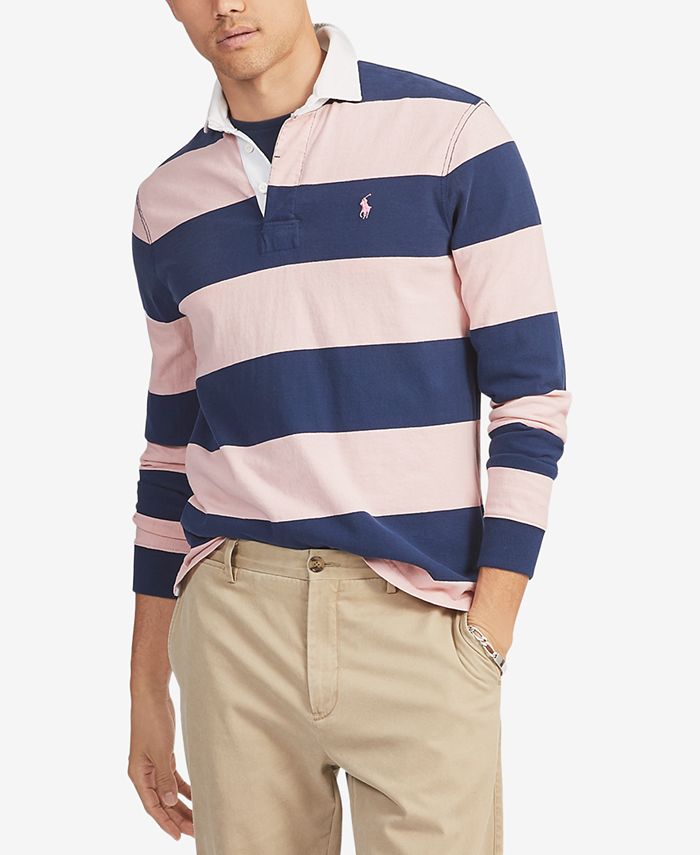 Polo Ralph Lauren Men's Pink Pony Striped Rugby Custom Slim Fit Shirt