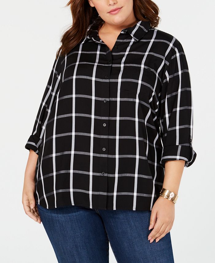 Tommy Hilfiger Plus Size Printed Cotton Button-Front Shirt, Created for ...