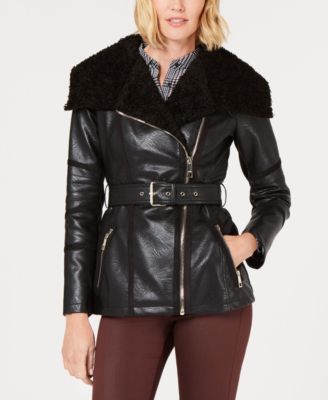 guess leather jacket with faux fur collar