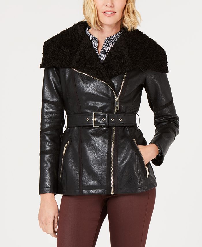 GUESS Faux-Fur-Collar Faux-Leather Moto Jacket - Macy's