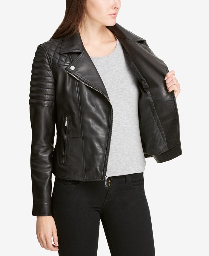 DKNY Quilted-Shoulder Leather Moto Jacket - Macy's