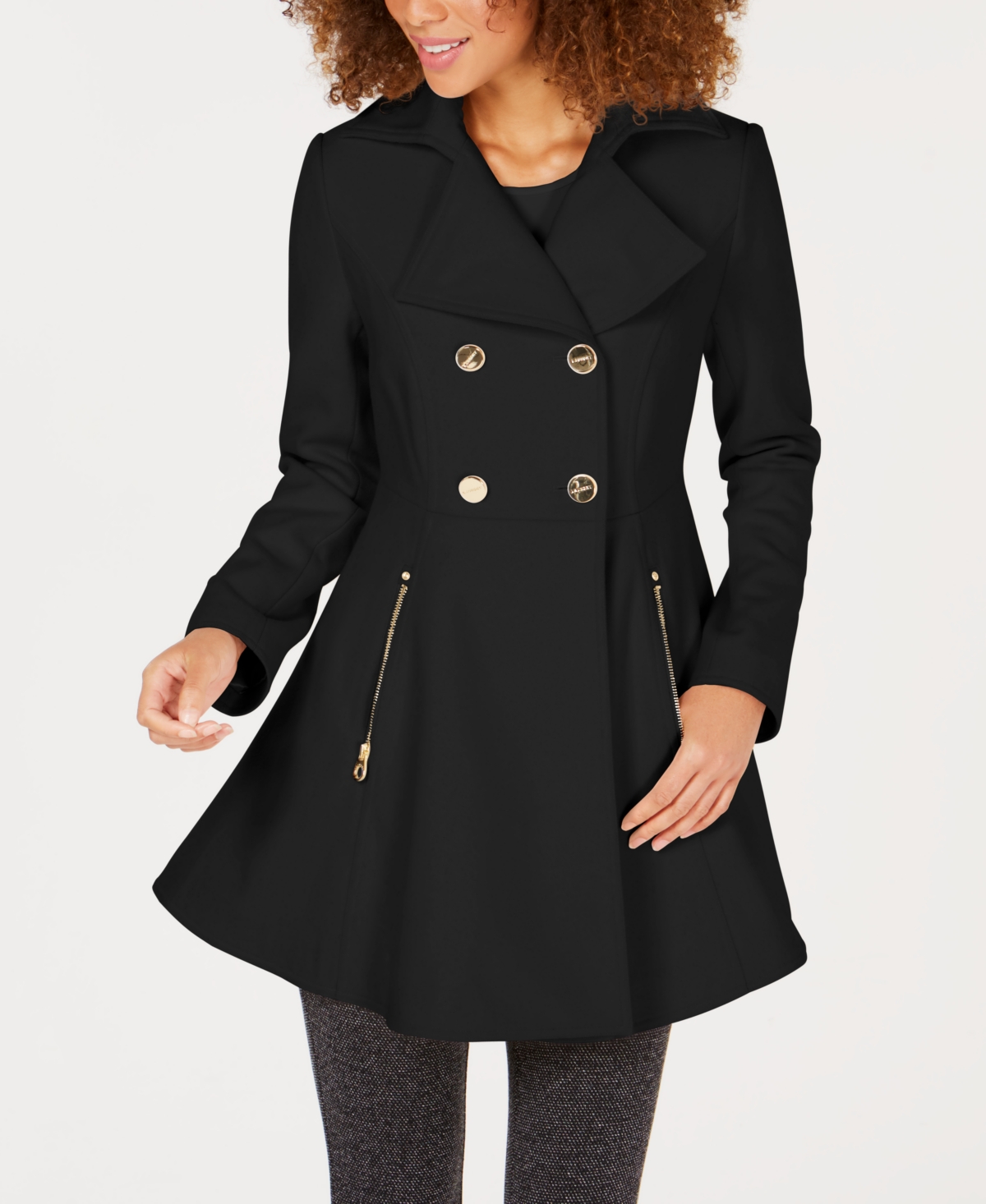 Double-Breasted Skirted Peacoat - Black