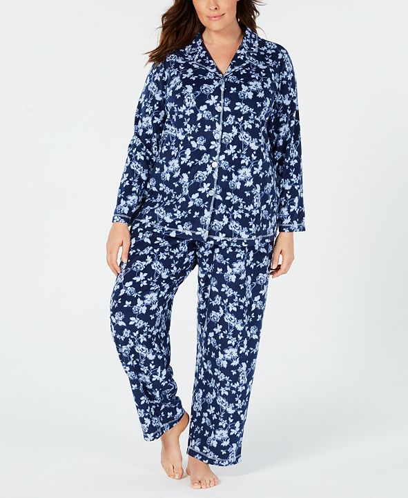 Charter Club Plus Size Printed Fleece Pajama Set, Created for Macy's ...