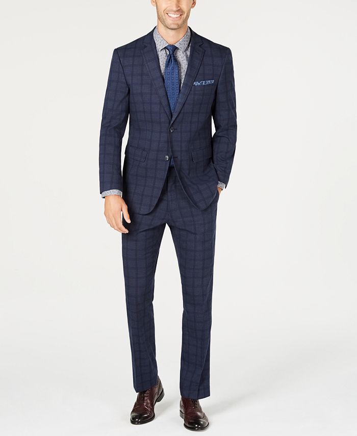 Perry Ellis Men's Slim-Fit Stretch Dark Blue Windowpane Plaid Suit ...