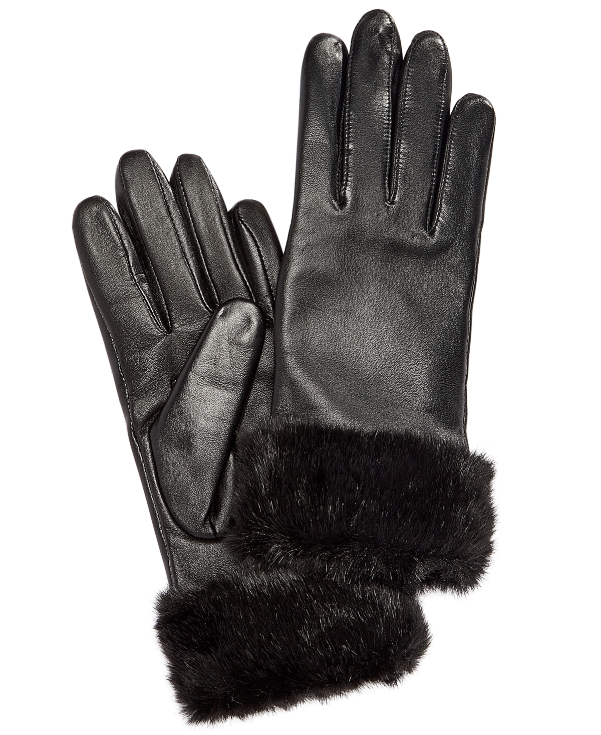 Faux Fur-Cuff Leather Tech Gloves, Created for Macy's - Black
