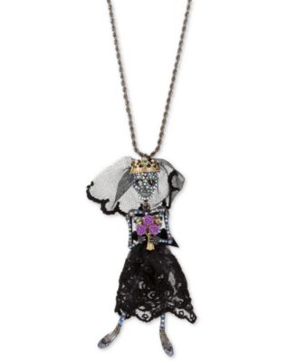 Betsey Johnson - Black-Tone Crystal & Mesh Skeleton Bride Pendant Necklace, 36" + 3" extender
