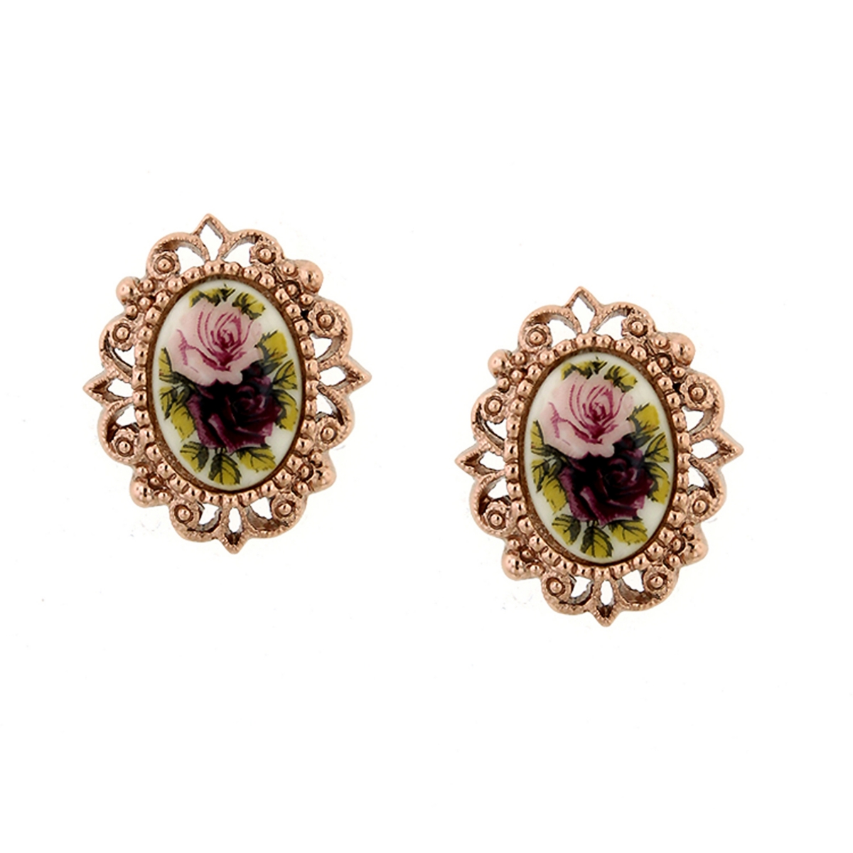 Vintage Style Jewelry, Retro Jewelry 2028 Rose Gold Tone Purple Flower Oval Button Earrings - Multi $25.20 AT vintagedancer.com