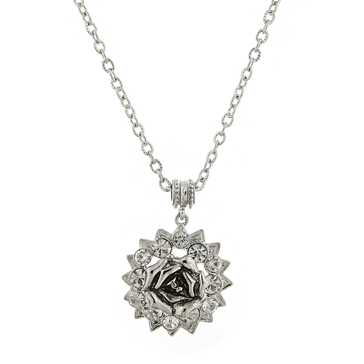 Silver-Tone Crystal Flower Pendant Necklace 16" Adjustable - Silver