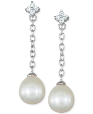 image of Cultured Freshwater Pearl (8mm) & Cubic Zirconia Flower Chain Earrings in Sterling Silver