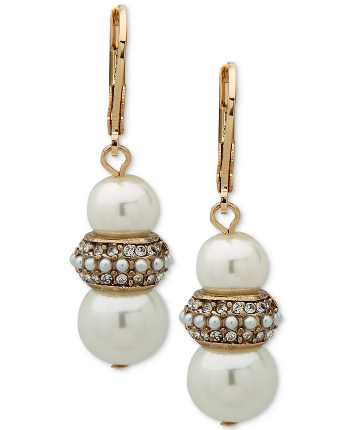 Anne Klein Gold-Tone Pavé Bead & Imitation Pearl Drop Earrings - Macy's