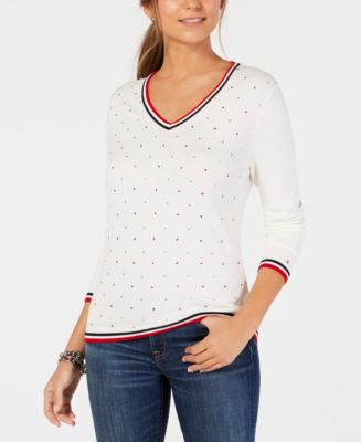 Tommy Hilfiger Cotton Star-Embellishment V-Neck Sweater, Created for ...