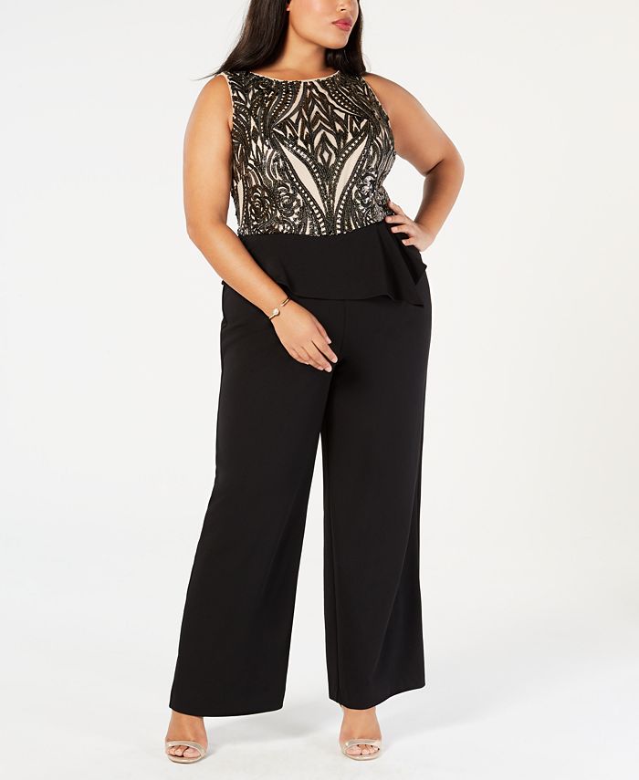 Adrianna Papell Plus Size Sequined Peplum Jumpsuit - Macy's