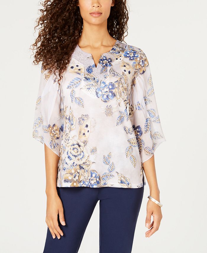 JM Collection Chiffon-Sleeve Embellished Top, Created for Macy's - Macy's