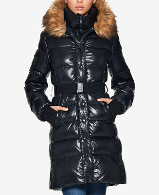 S13 Chalet Faux-Fur-Trim Hooded Belted Down Puffer Coat - Macy's