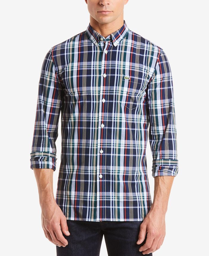 Lacoste Men's Slim-Fit Plaid Poplin Shirt - Macy's
