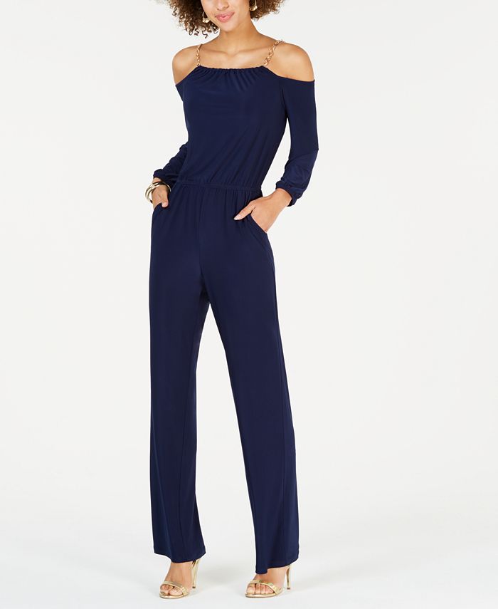 NY Collection Petite Cold-Shoulder Chain-Strap Jumpsuit - Macy's
