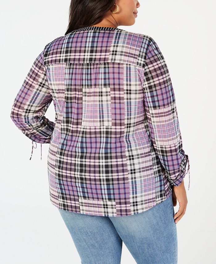 Style & Co Plus Size Patchwork Plaid Split-Neckline Shirt, Created for ...