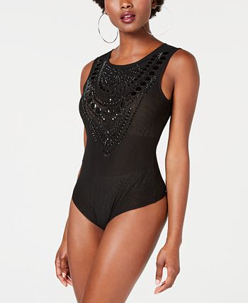 GUESS Nolah Rhinestone-Embellished Sheer Bodysuit - Macy's