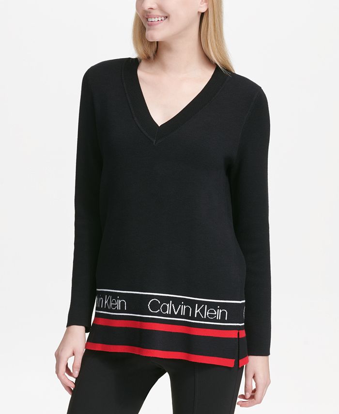 Calvin Klein V-Neck Sweater with Varsity Striped Hem & Reviews ...