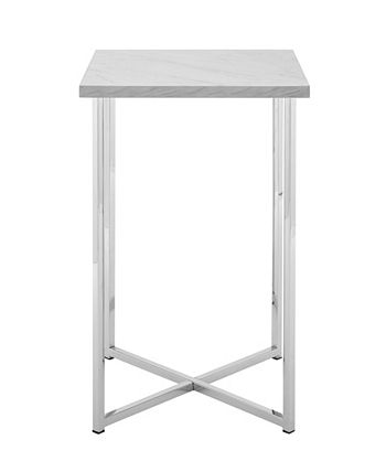 Walker Edison - 16 inch Square Side Table with White Faux Marble Top and Chrome Legs